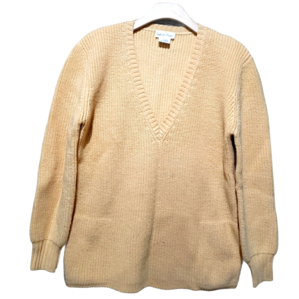Calvin Klein Vintage 70's Wool Yellow Sweater Size L w/ Pockets